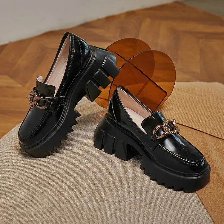 

MLJUESE 2021 Women Pumps Soft Cow leather Autumn Spring Shallow Chains Slip on Black color Round toe high heels pumps