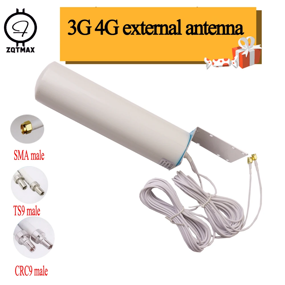 ZQTMAX 2G 3G 4G Omni Outdoor Antenna with 5m Dual SlIder CRC9/TS9/SMA connector for 3G 4G router modem,mobile signal booster