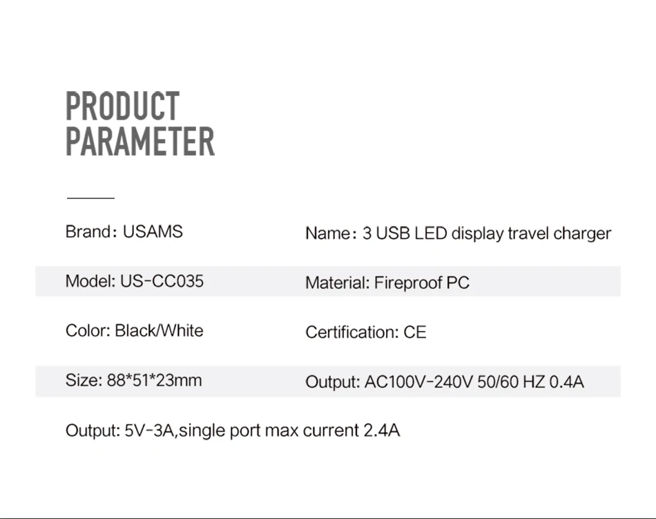 USAMS, 3 порта, USB зарядное устройство для телефона, светодиодный дисплей, штепсельная вилка европейского стандарта, всего макс., 3 А, умное быстрое зарядное устройство, мобильное настенное зарядное устройство для iPhone, iPad, samsung