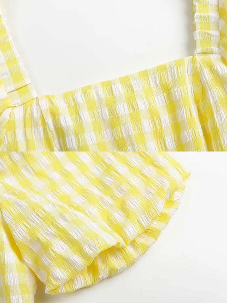 

yinlinhe Off Shoulder Sexy Summer Dress Square Collar Vintage Yellow Plaid Dress Women Niche Style Short Dress Club Wear 2026