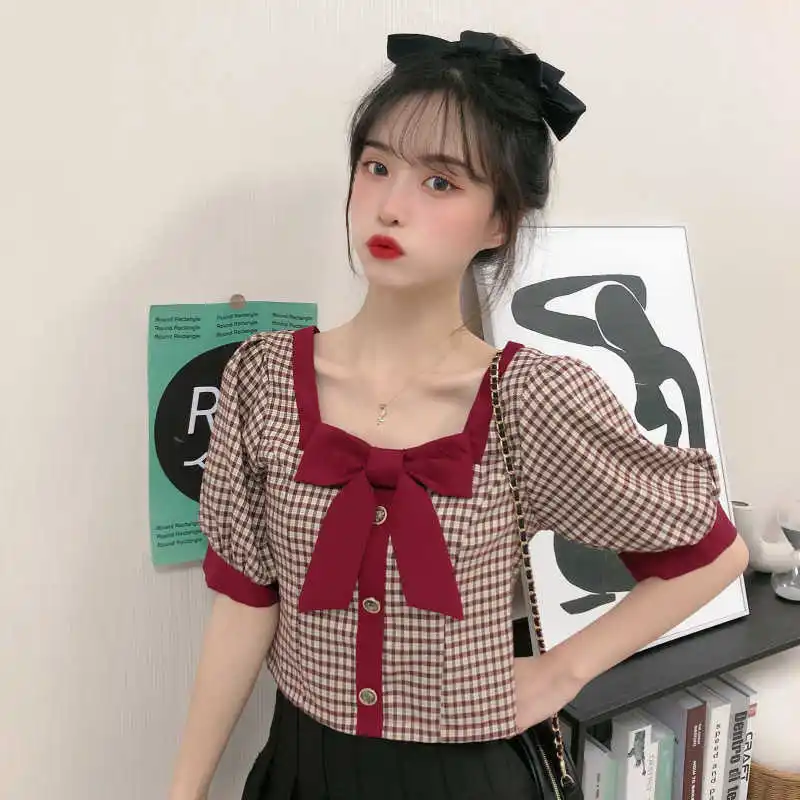 Женская короткая клетчатая рубашка в гонконгском ретро стиле дизайнерская