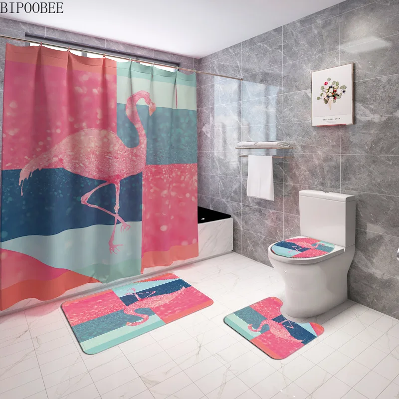 

Pink Crowned Crane Shower Curtain Set Bath Mats Rugs Geometry Toilet Lid Cover Rug Modern Bathroom Curtains Anti-slip Carpet