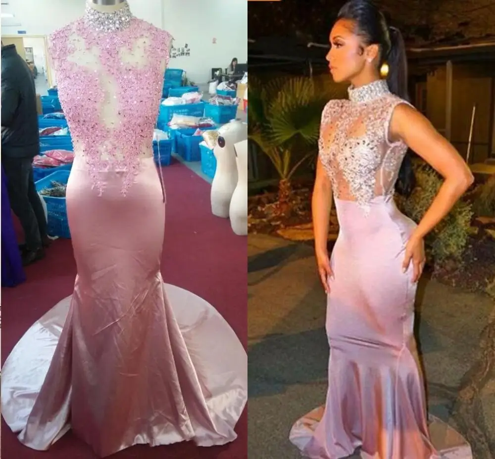 

Женское вечернее платье-русалка, розовое платье с высоким воротником, украшенное бусинами, для выпускного вечера, 2023