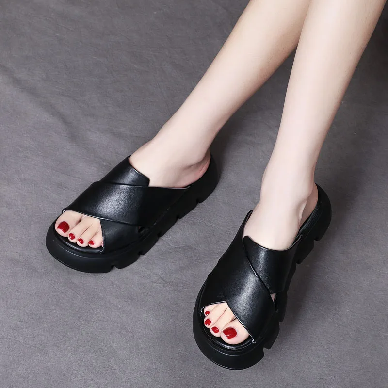 

DRKANOL 2021 Handmade Retro Summer Slippers Women Slip On Slingback Wedges Heel Platform Open Toe Outside Casual Slippers