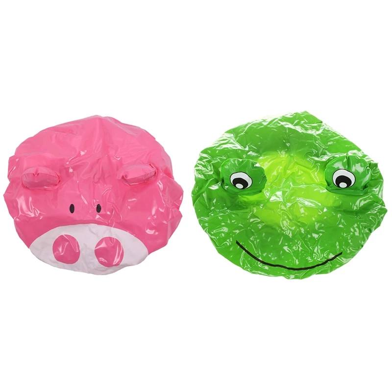

2X Novelty Design Animal Waterproof Shower Cap Bath Dry Hair Cover Protector Hat Green & Pink