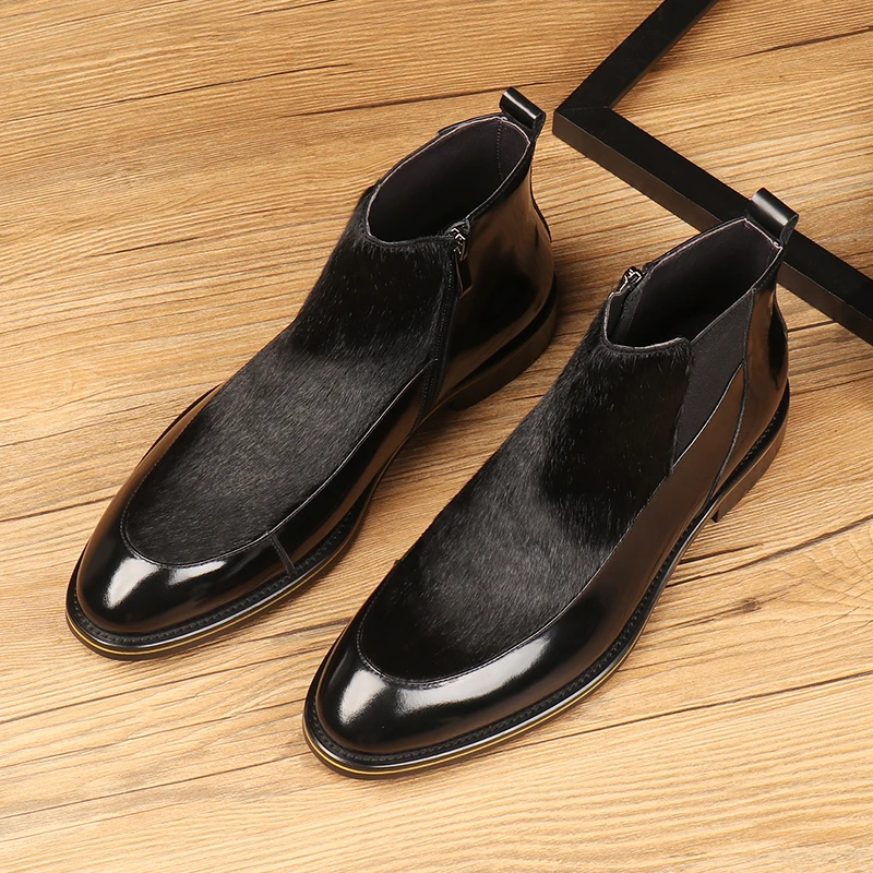 Pointed Toe Horsehair Black Mens Dress Boots Genuine Leather Chelsea Male Ankle | Обувь