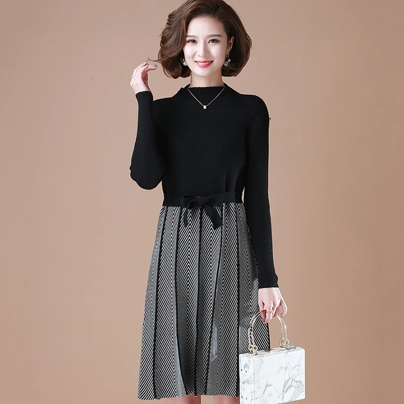 

Spring autumn noble Dress middle-aged women half-high collar Dresses high-quality women's fake two-piece knitted Dresses F1255
