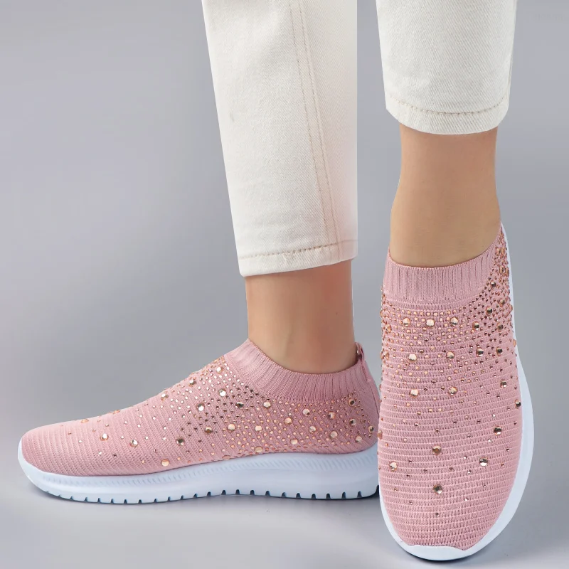 

Knitted Sneakers Vulcanized Shoes Sneakers Women Trainers Ladies Slip-on Sock Shoes Sparkly Crystal Zapatillas Mujer Casual Shoe