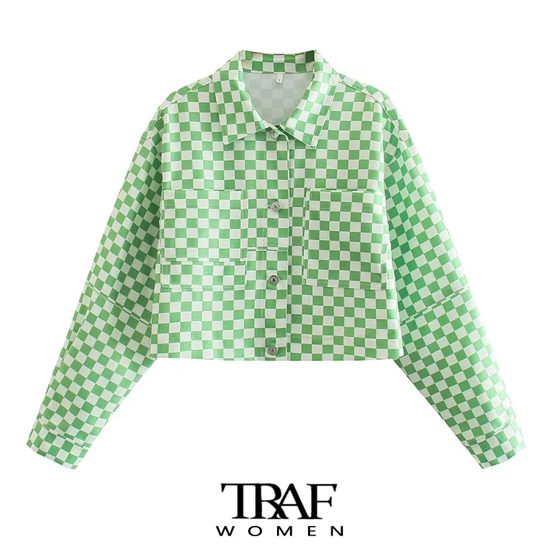 

Женская джинсовая куртка в клетку, с карманами и длинным рукавом