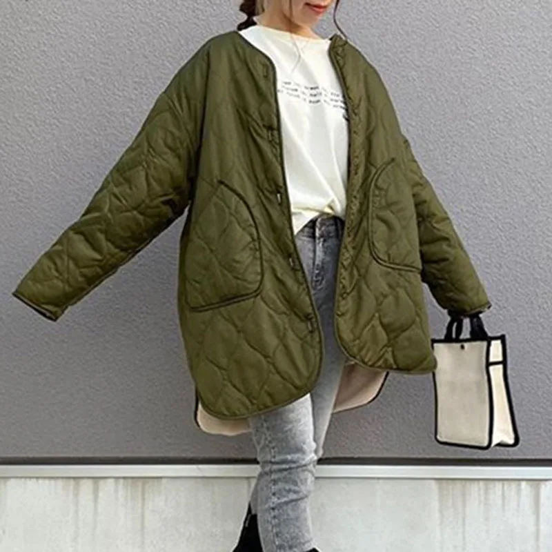 

Reversible Winter Fleece Parka Women Oversized Mid-length Padded Jacket Autumn Long Sleeve Casual Green Long Coat Outwear Korea