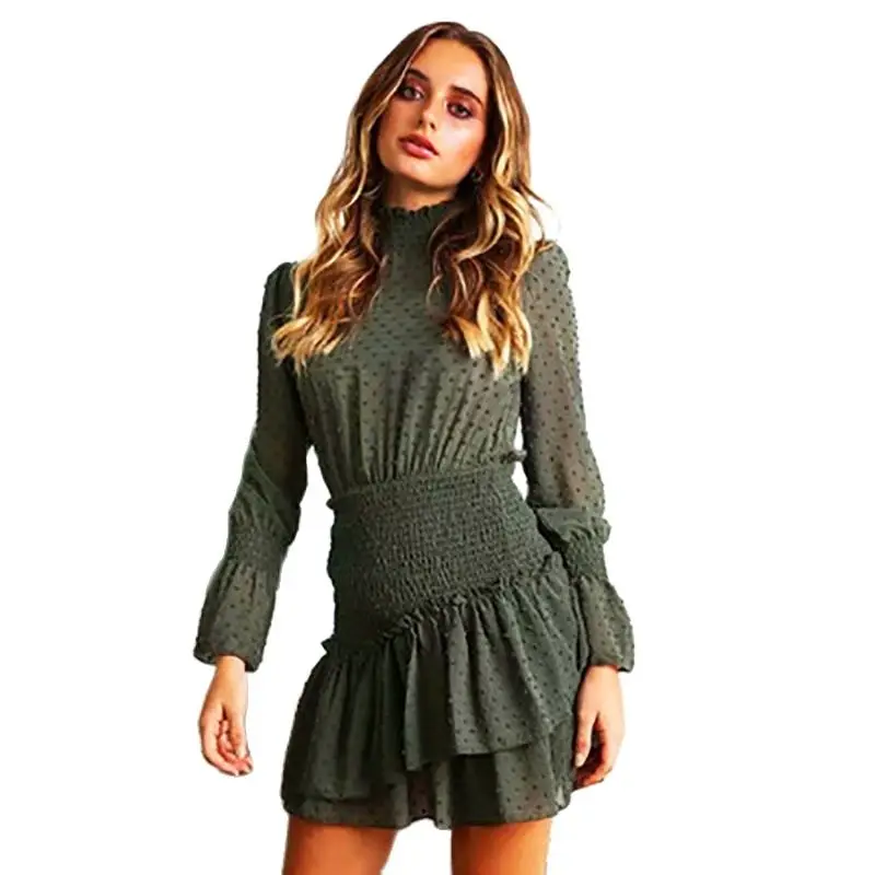 

Новинка Осень-зима 2021 шифоновое платье с длинным рукавом с высоким воротом и расклешенными рукавами плиссированная Прозрачная Юбка с оборк...