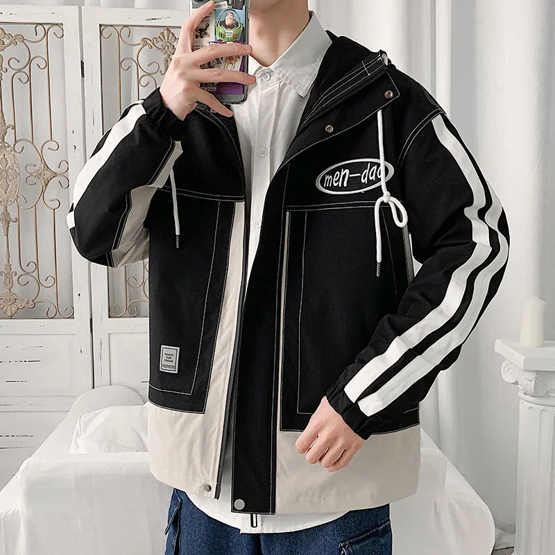 

Мужская куртка с капюшоном, двухцветная куртка с большими карманами, уличная мода, американская Повседневная куртка для осени и весны