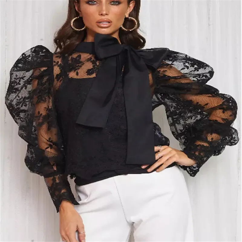 

Fashion Women Solid Perspective Lace Splicing Mesh Sheer Long Puff Sleeve Blouse Lace Down Tops Autumn Outfits