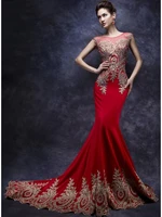 red mermaid illusion neck appliques beading long evening dresses 2020 women gold appliques formal prom gown robe de soriee
