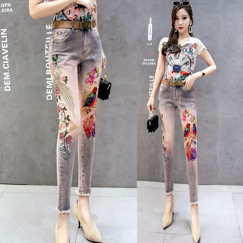Джинсы карандаш женские Стрейчевые с 3D рисунком уличные брюки из денима
