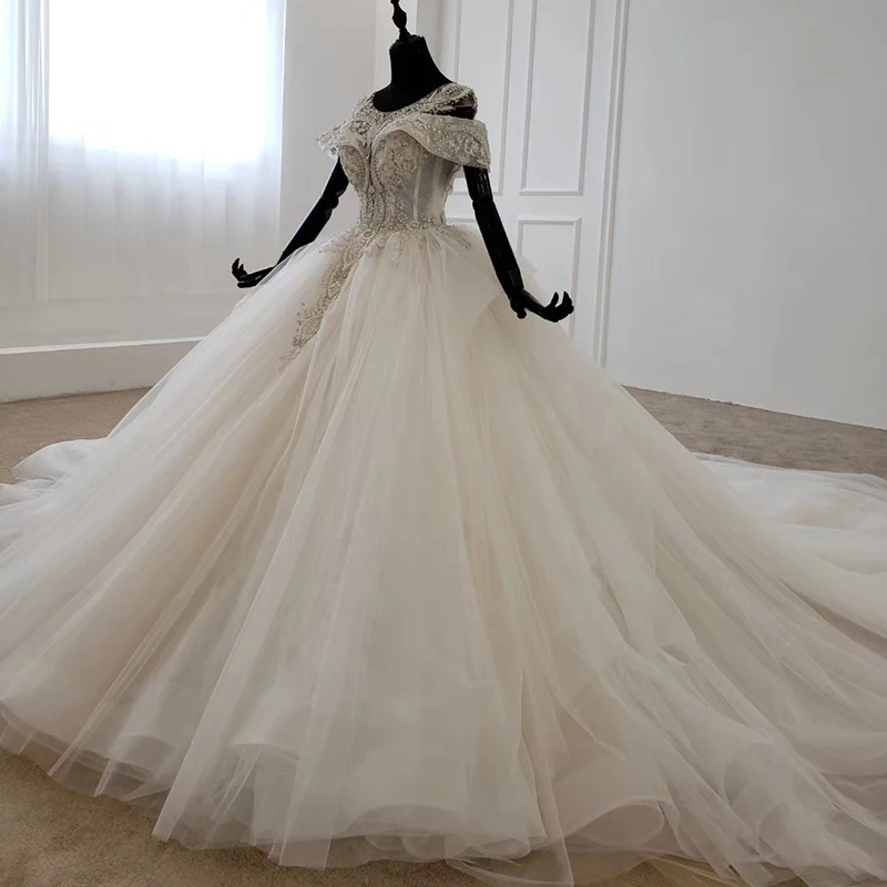 HTL1144 ball gown wedding dress boho boho plus size o-neck lace up back corset bridal dress cap sleeve bead платье свадебное