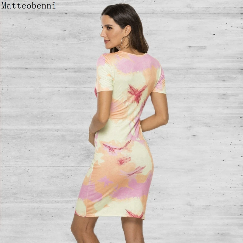 Сексуальные Платья с галстуком Tie-Dye женское летнее Мини-платье коротким рукавом