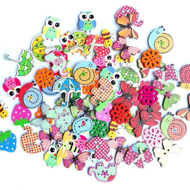 

50Pcs Mixed Cartoon Animal Wooden Buttons 2 Holes Scrapbooking Crafts DIY Kids Clothing Accessories Sewing Button Decoration