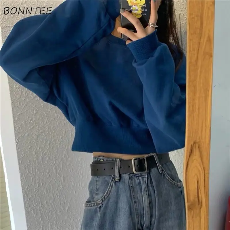 

Hoodies Women Short Solid Loose O-Neck Long Sleeve Casual All-match Korean Style Student Simple Chic Trendy Feminino Sweatshirts