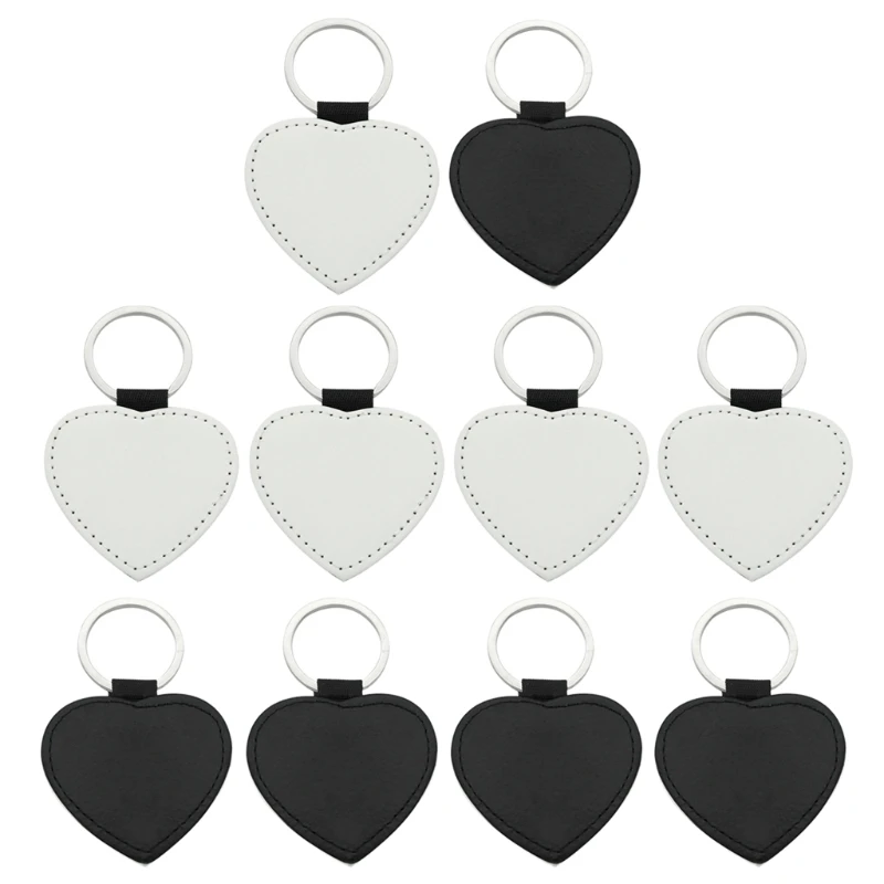 2022 New 10Pcs Leather Keychains Blank Heart Round Square MDF Keychains Sublimation Heat Transfer Keychains Kit Jewelry Making