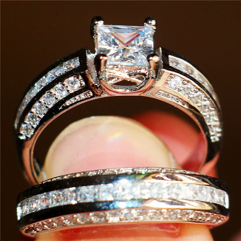 Роскошные комплекты колец с белым топазом в стиле принцессы 2 1 Обручальное