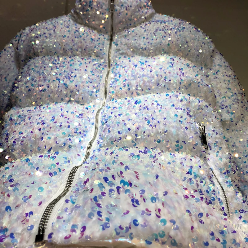 Women's Cotton-Padded Clothes New Stand Collar Colorful Sequins Thickened Warm Down Cotton Coat Female Lady Parka 2022 Winter