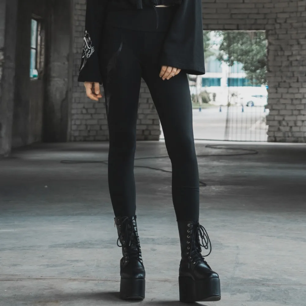 

Personality Elastic Dailycasual Tight PU Leather Sexy Trousers Women's Gothic Bat Series Embroidery Leggings Women PUNK RAVE