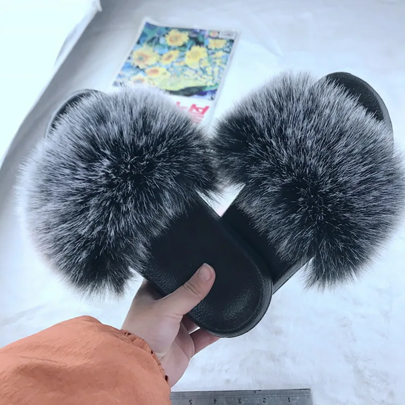 Шлепанцы из искусственного меха Женские меховые сандалии с лисьим мехом Женская