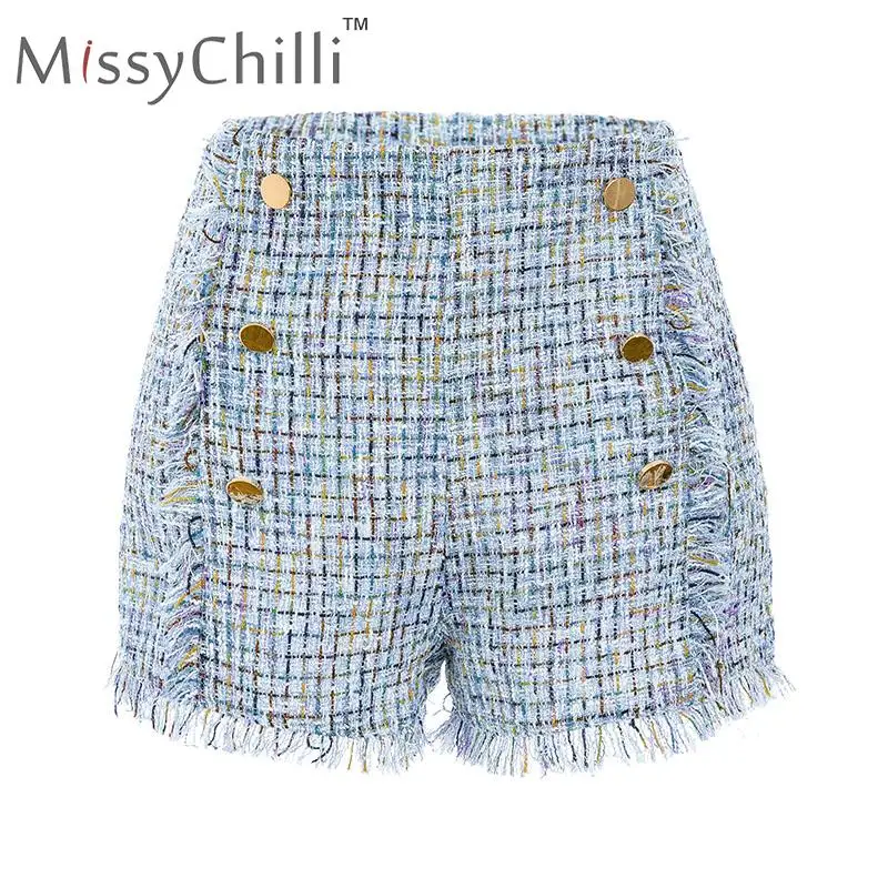 MissyChilli, элегантные твидовые повседневные шорты с высокой талией, женские офисные клетчатые шорты с бахромой, женские сексуальные стильные винтажные шорты