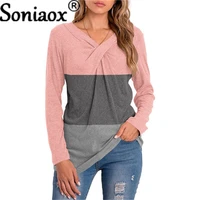 women casual long sleeve splice folds loose t shirt elegant color block fashion tops 2021 new casual v neck irregular pullovers