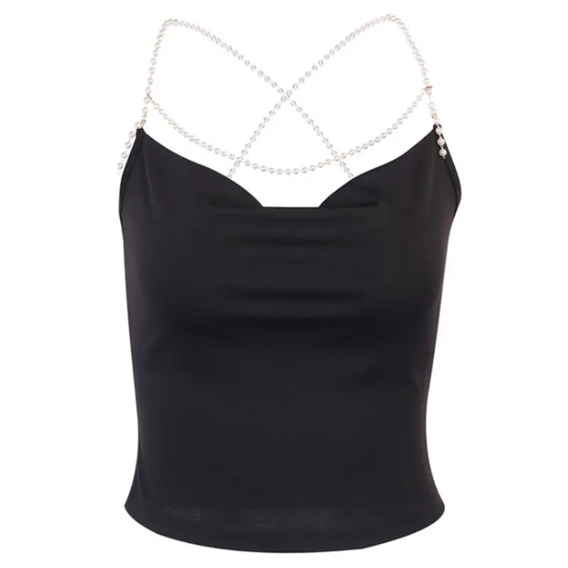 

Women Sleeveless Crop Top Pearl Beaded Suspenders Camisole Backless Slim Vest X3UE