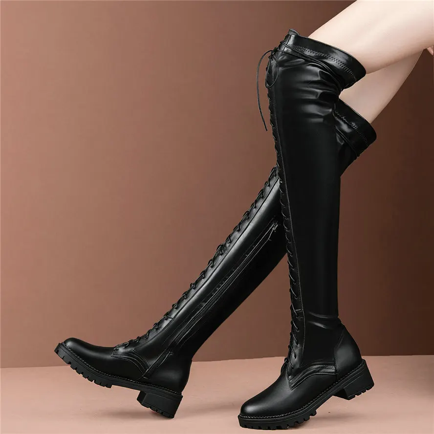 

2021 Winter Warm Pumps Shoes Women Lace Up Stretchy Thigh High Riding Boots Female Long Shaft Round Toe Platform Oxfords Shoes