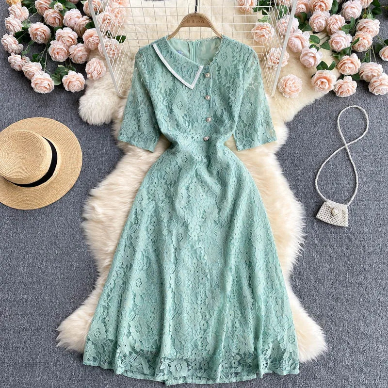 

Banulin Runway Summer Women Irregula Collar Beaded Buttons Lace Flowers Embroidery Slim Elegant Party Dresses Vestidos N68626