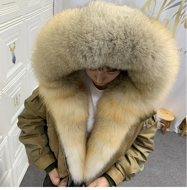 gold fox В году, Короткая Меховая парка в уличном стиле для девочек куртка с подкладкой из овечьего меха зимняя куртка-бомбер с капюшоном и отделкой из лисьего меха - Цвет: gold fox