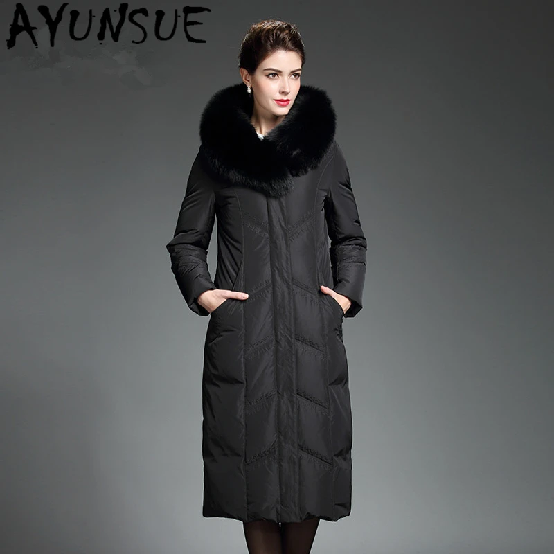 

AYUNSUE Women's Winter Down Jacket Real Fox Fur Hooded 90% White Duck Down Coat Female Long Puffer Down Parka Mujeres Abrigos 58