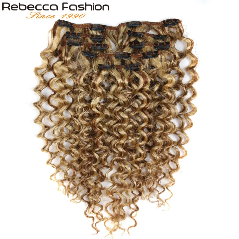 

Rebecca Hair 7Pcs/Set 120g Jerry Curly Remy Clip In Human Hair Extensions Full Head 12-24 Inch Color #1B #613 #27/613 #6/613