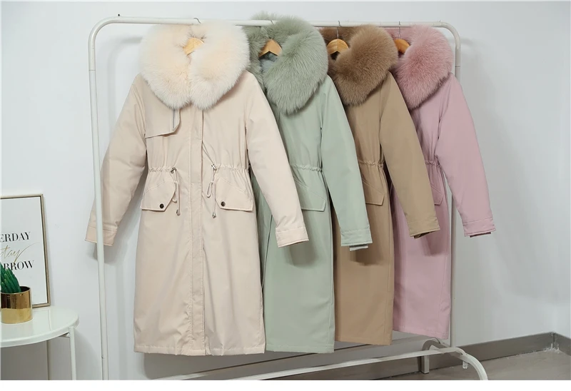 

Long Slim Fur Collar Winter Jacket Women Casual Adjustable Waist Warm Thicken Hooded Down Parka Coat Female