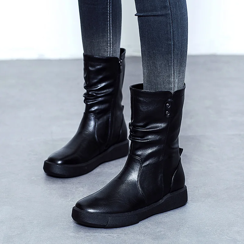 

Women Boots Zipper Shoes Woman 2019 Winter Autumn Genuine Leather Martin boots Fleece Warm Shoes Botas Riding Equestrian Boots