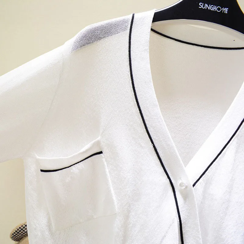 

Women's Lce Silk Knitwear Cardigan Summer Colorblock Long Sleeve V-neck Short Thin Sunscreen Knitted Shawl Short Jacket A85