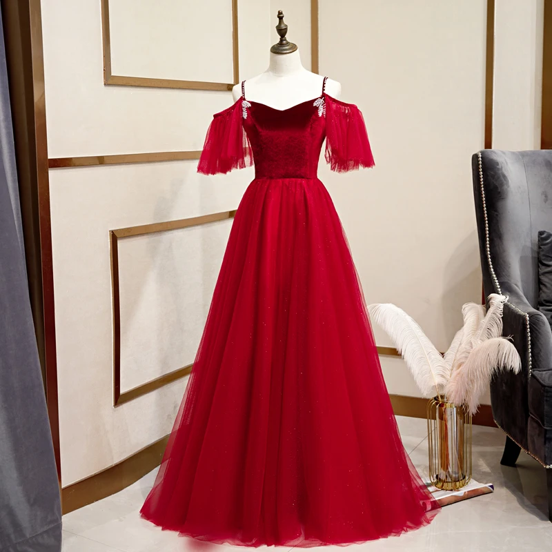 

2020 Noble Off The Shoulder Formal Evening Dresses Robe De Soiree Fashion Wine Red Floor-length Banquet Prom Gown Host Dress