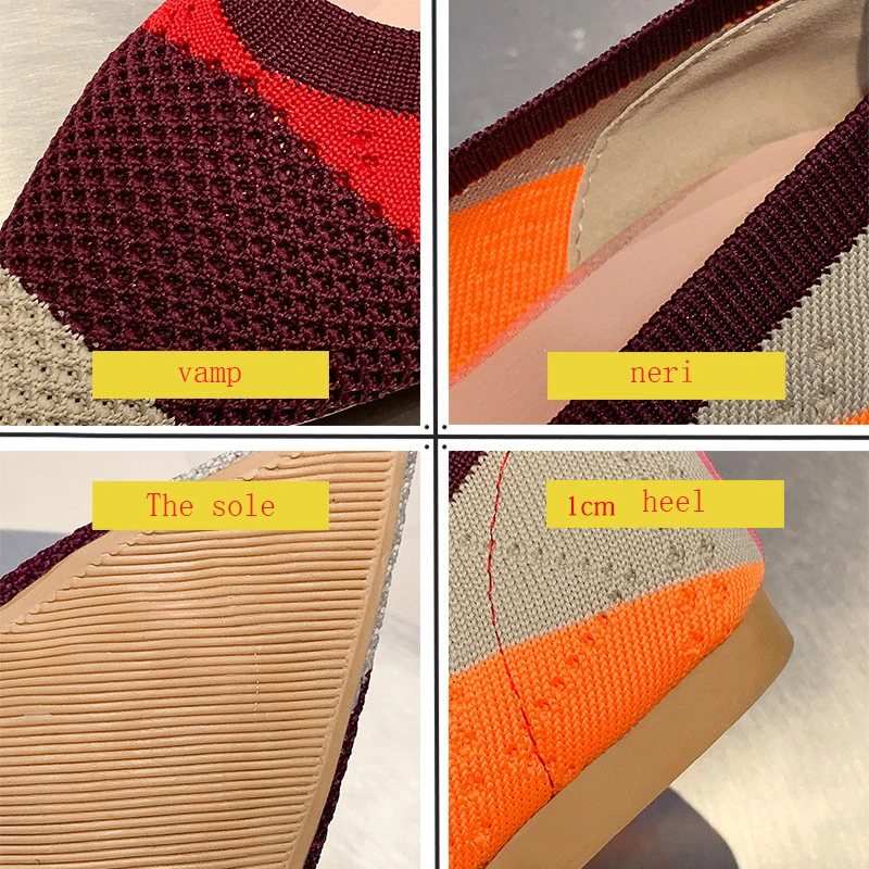 Pointed Shallow Shoes Women Flat Shoes Knit Moccasin Mixed Color Ballet Woman Soft Single Shoe Breathable Mujer Zapatos De 35-40