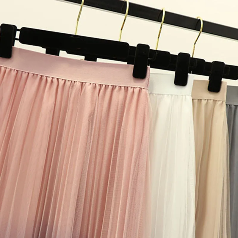 

Women Two Layer Sweet Mesh Pleated Long Skirt Elastic High Waist Gradient Spring Summer Elegant Office Ladies Skirts Saias