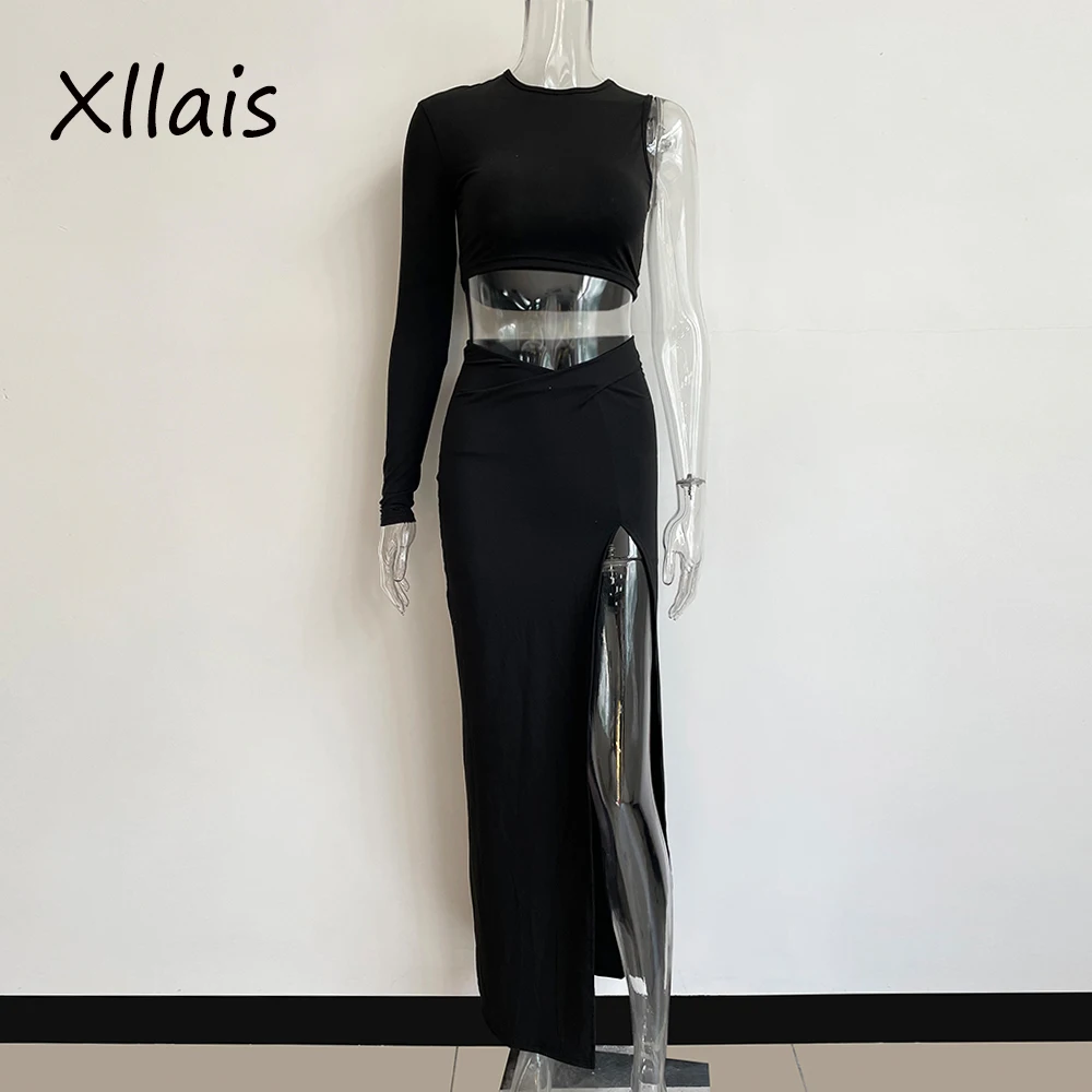 

XLLAIS вязаные хлопковые комплекты с платьем на одно плечо с длинным рукавом топ с разрезом юбки костюмы повседневные Черные женские комплект...