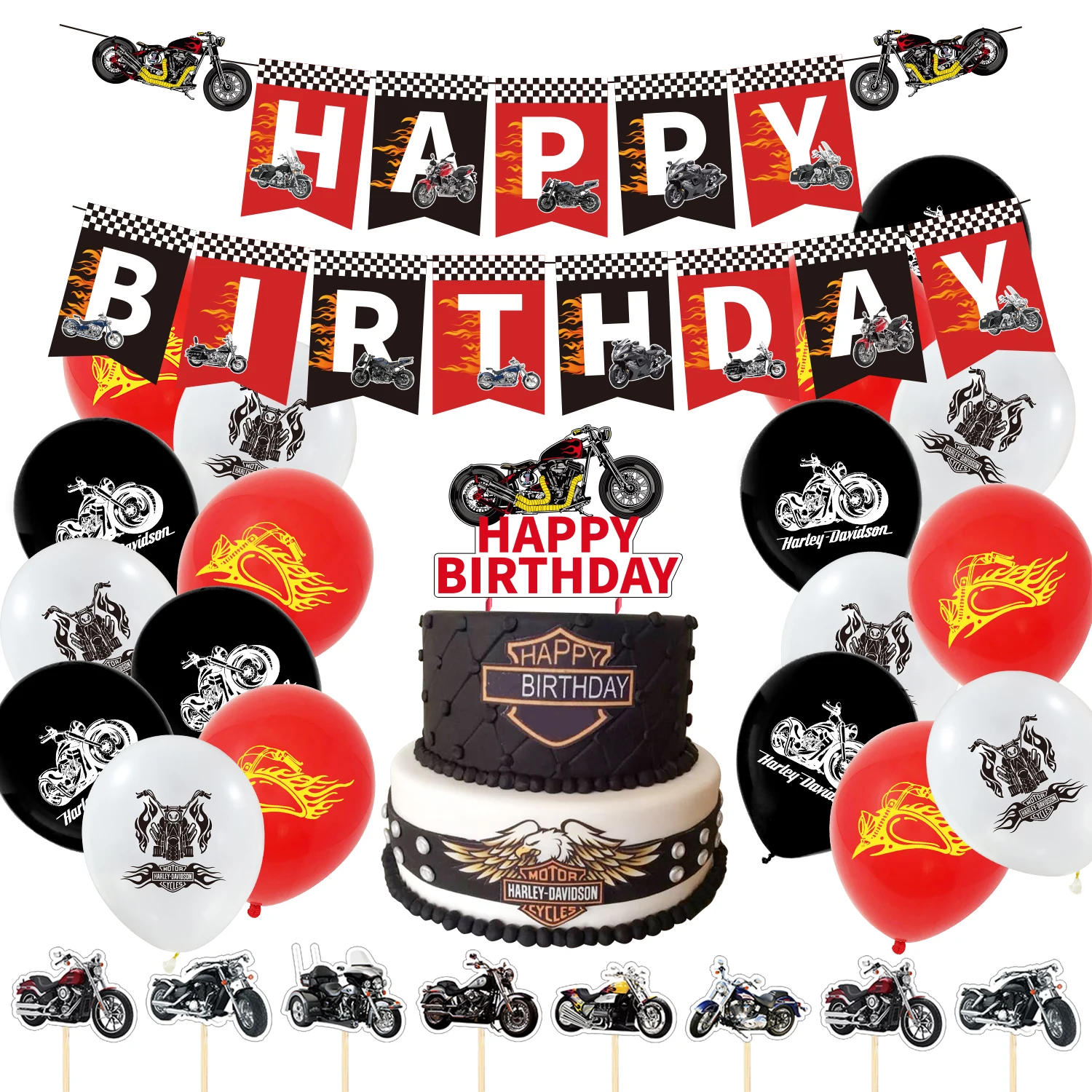 

Motorcycle Party Decoration Set Harley Cake Toppers Printed Latex Balloons Banner Streamer Kids Birthday Party Decoration Suits