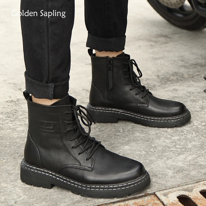 

Golden Sapling Motorcycle Men's Boots Genuine Leather Casual Shoes Fashion Sewing Design Comfortable Platform Winter Boots Men