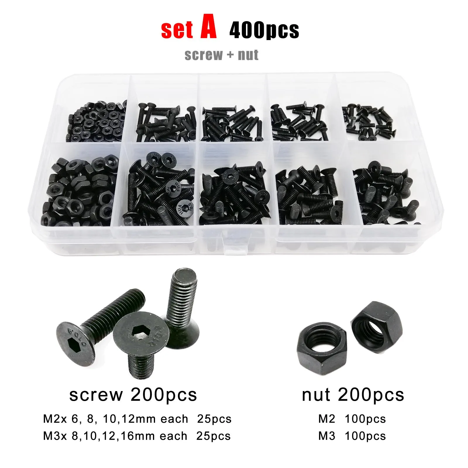 400/2100pcs M1.6 M2 M2.5 M3 M4 M5 Black Grade 10.9 Steel Hex Hexagon Socket Flat Countersunk Head Screw Bolt Nut Washer Set Kit |