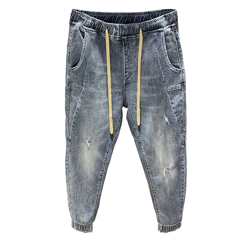 

Summer 2021 Drawstring men's denim jeans pants handsome trousers trendy brand feet harem pants broken pencil pants thin holes