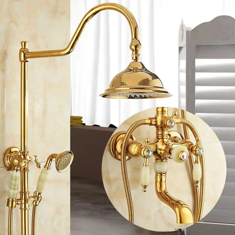 

Tuqiu Bath and Shower Faucet Gold Brass and Jade Bath Shower Set Brass Wall Mounted Rainfall Shower & Hand shower Faucet