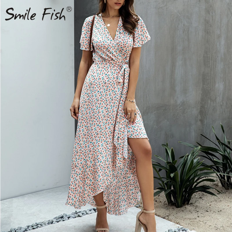 Пляжный отдых с запахом глубоким v образным вырезом и BohoPrinted Платье бантом
