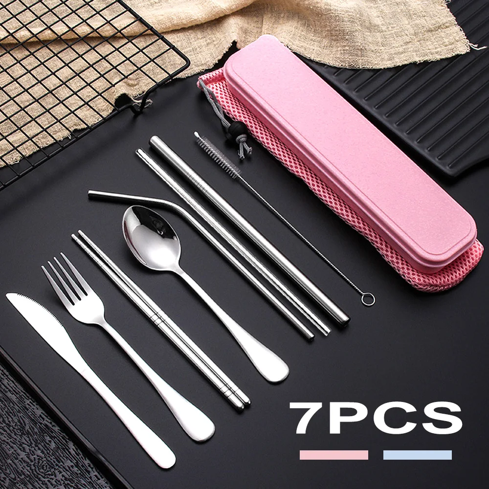 7 шт. Портативный Путешествия Посуда Набор Нержавеющая сталь набор столовых